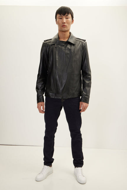 Men's Snakeskin Embossed Leather Field Jacket - Black | Ron Tomson