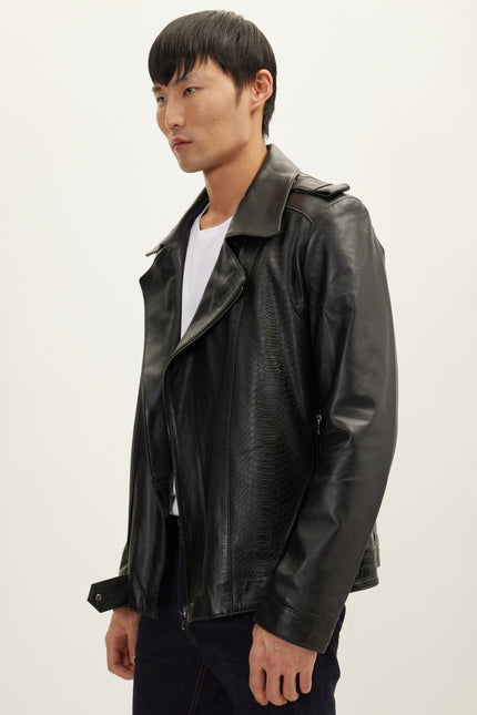 Men's Snakeskin Embossed Leather Field Jacket - Black | Ron Tomson
