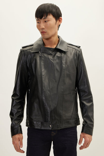 Men's Snakeskin Embossed Leather Field Jacket - Black | Ron Tomson