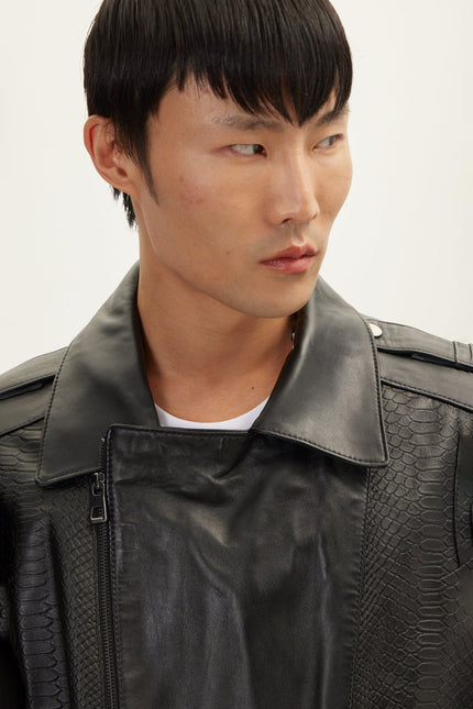 Men's Snakeskin Embossed Leather Field Jacket - Black | Ron Tomson