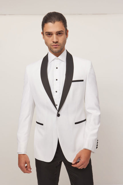 Men's Solid Shawl Lapel Tuxedo Jacket - White | Ron Tomson