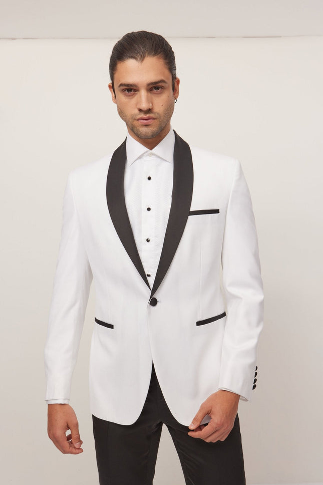 Men's Solid Shawl Lapel Tuxedo Jacket - White | Ron Tomson