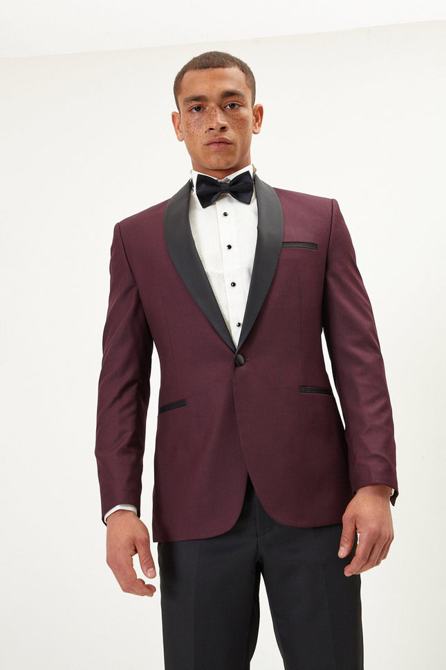 Solid Shawl Lapel Tuxedo Jacket -  Burgundy