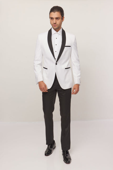 Men's Solid Shawl Lapel Tuxedo Jacket - White | Ron Tomson