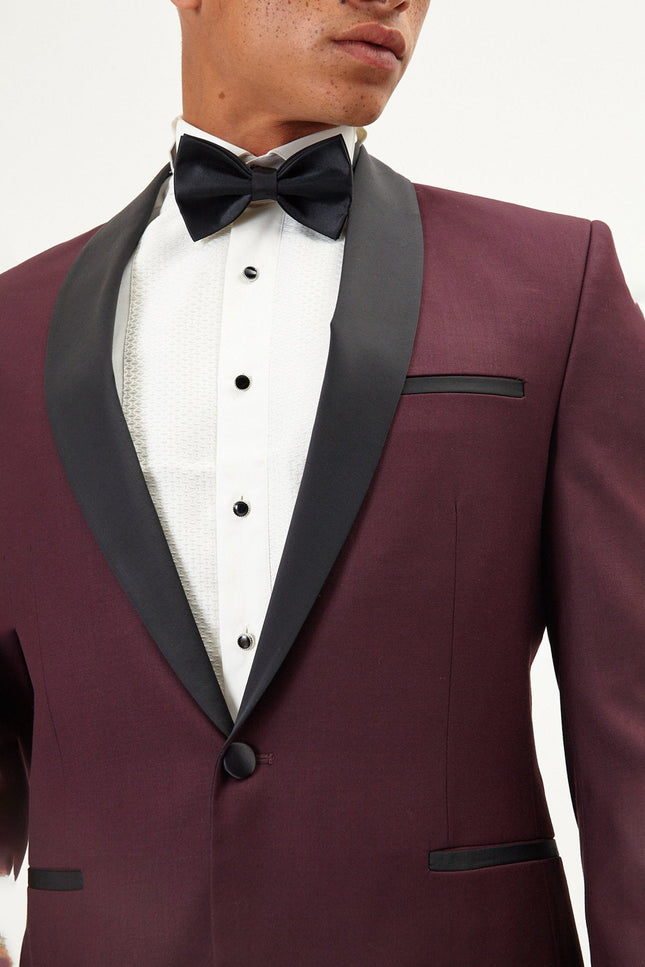 Solid Shawl Lapel Tuxedo Jacket -  Burgundy