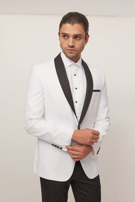 Men's Solid Shawl Lapel Tuxedo Jacket - White | Ron Tomson