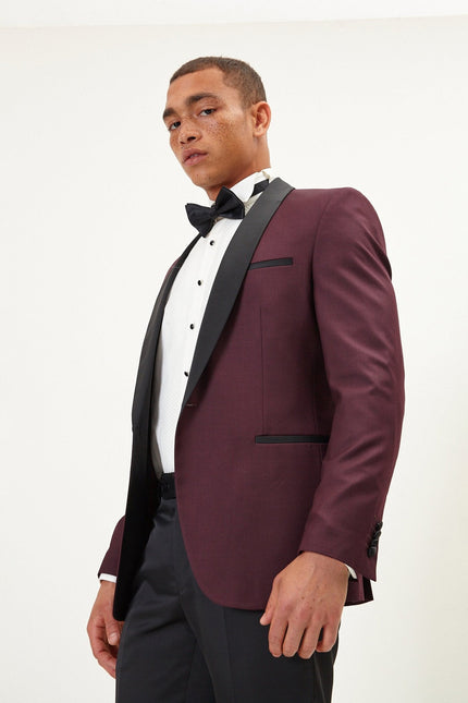 Men's Solid Shawl Lapel Tuxedo Jacket -  Burgundy | Ron Tomson