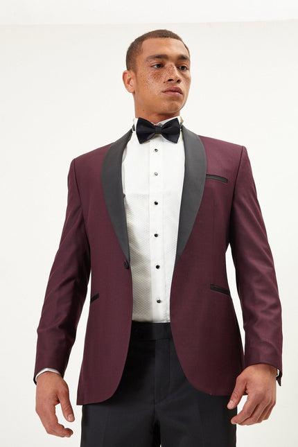 Men's Solid Shawl Lapel Tuxedo Jacket -  Burgundy | Ron Tomson