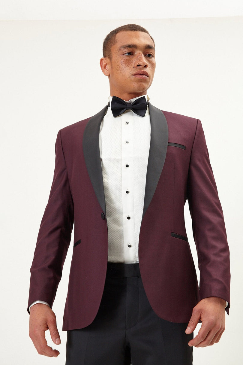 Men's Solid Shawl Lapel Tuxedo Jacket -  Burgundy | Ron Tomson