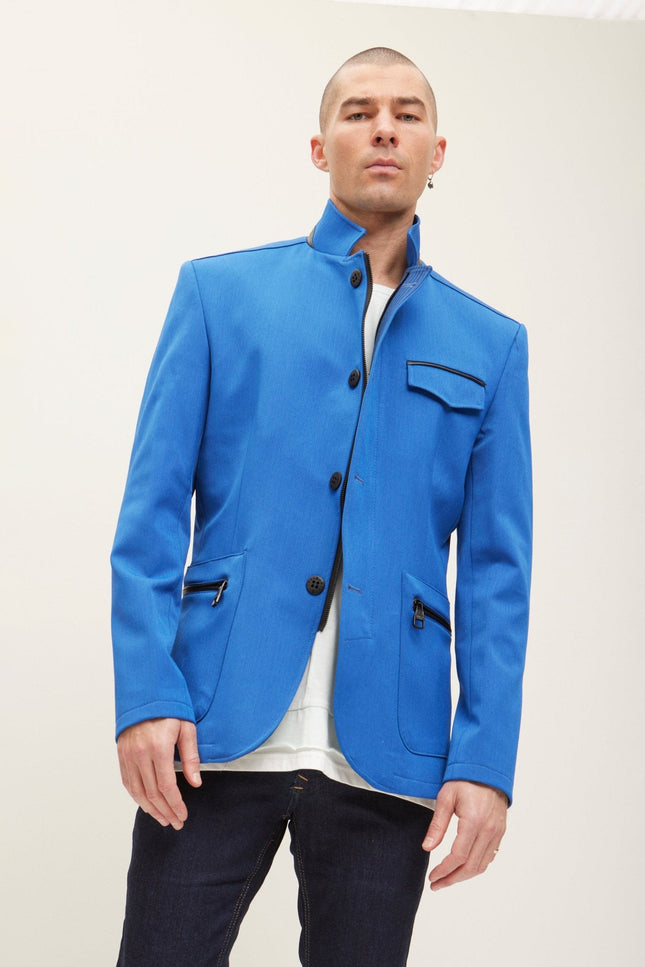 Mandarin Collar Denim Blazer - Sax