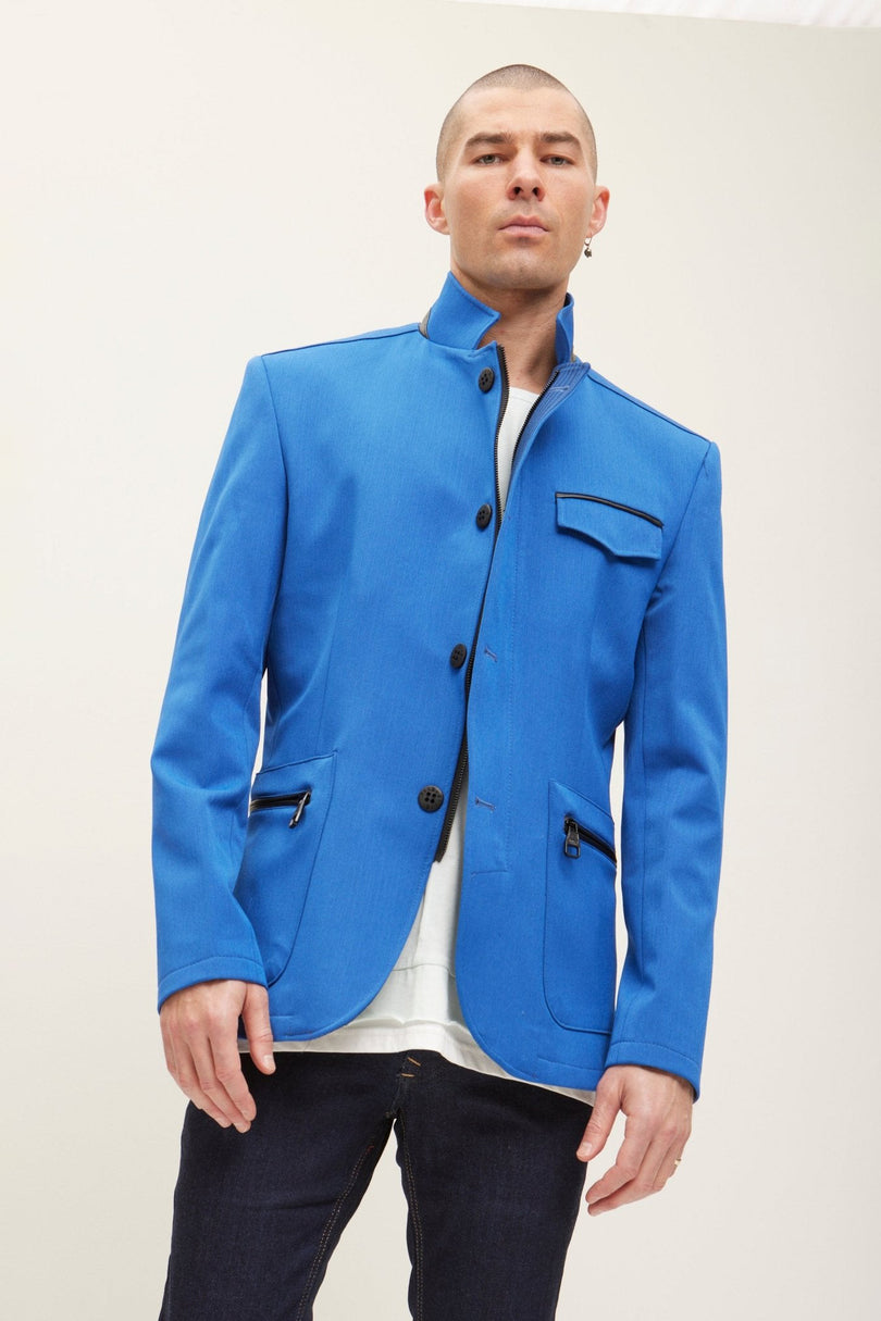 Men's Mandarin Collar Denim Blazer - Sax | Ron Tomson
