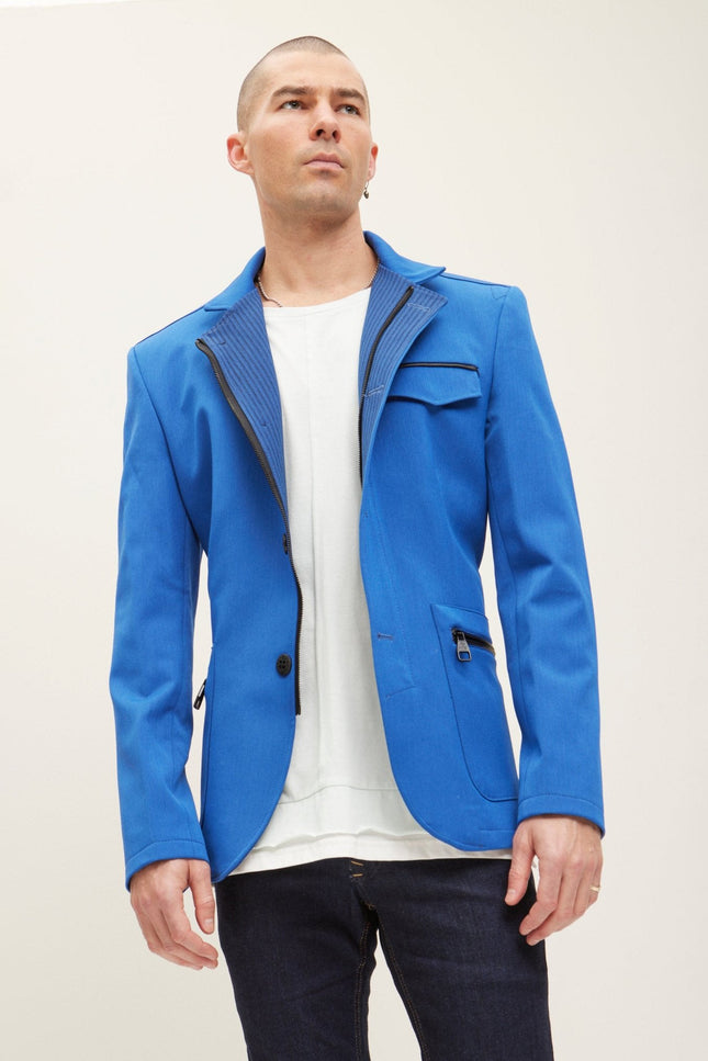 Mandarin Collar Denim Blazer - Sax