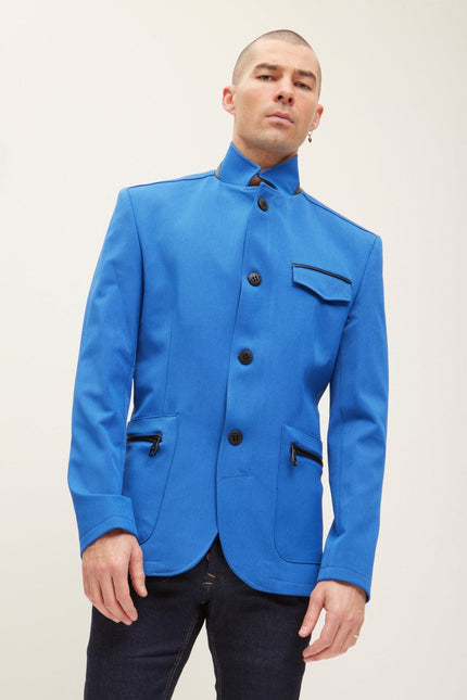 Men's Mandarin Collar Denim Blazer - Sax | Ron Tomson