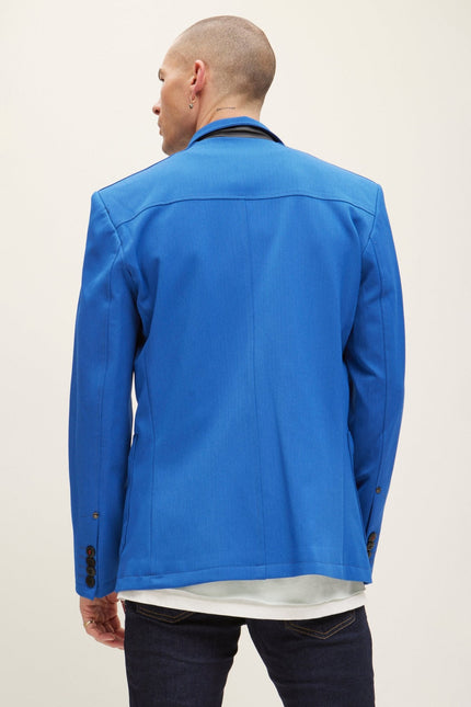 Men's Mandarin Collar Denim Blazer - Sax | Ron Tomson