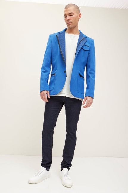 Men's Mandarin Collar Denim Blazer - Sax | Ron Tomson