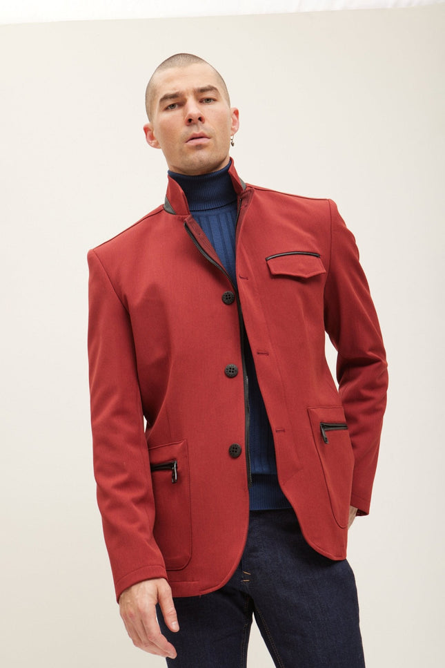 Mandarin Collar Denim Blazer - Wine