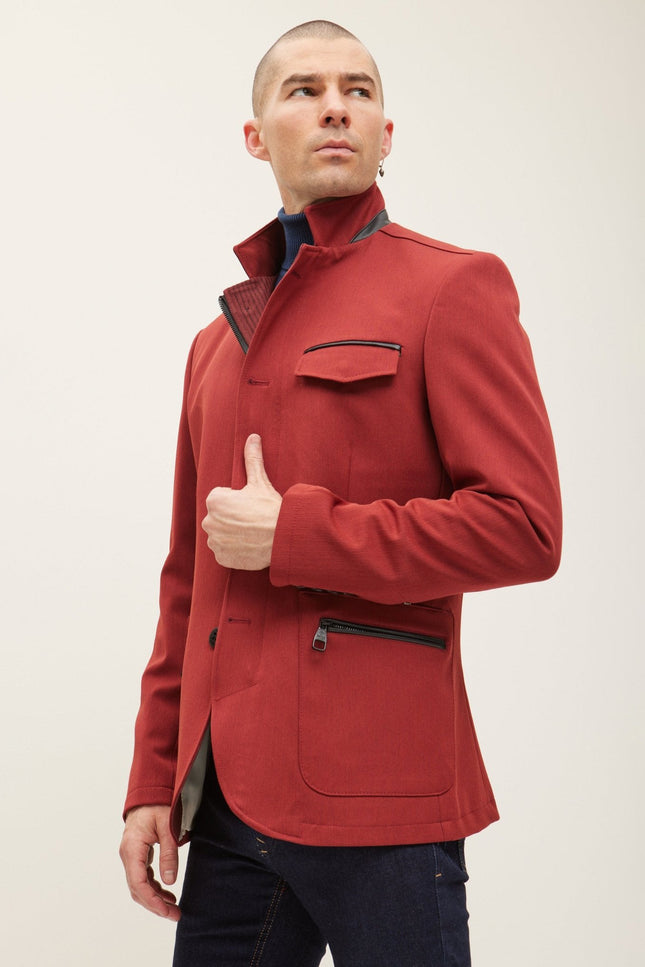 Mandarin Collar Denim Blazer - Wine