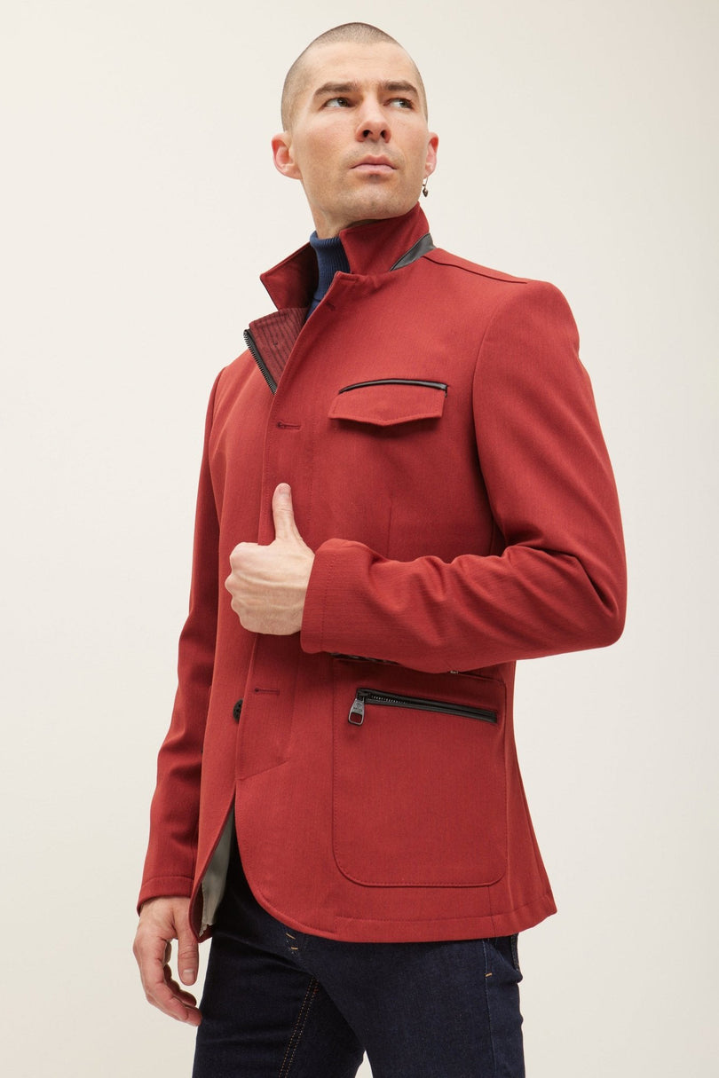 Men's Mandarin Collar Denim Blazer - Wine | Ron Tomson