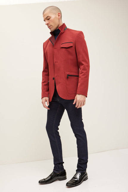 Men's Mandarin Collar Denim Blazer - Wine | Ron Tomson