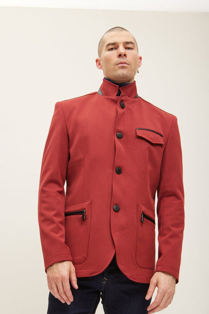 Men's Mandarin Collar Denim Blazer - Wine | Ron Tomson