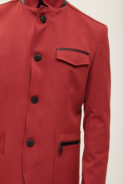 Men's Mandarin Collar Denim Blazer - Wine | Ron Tomson