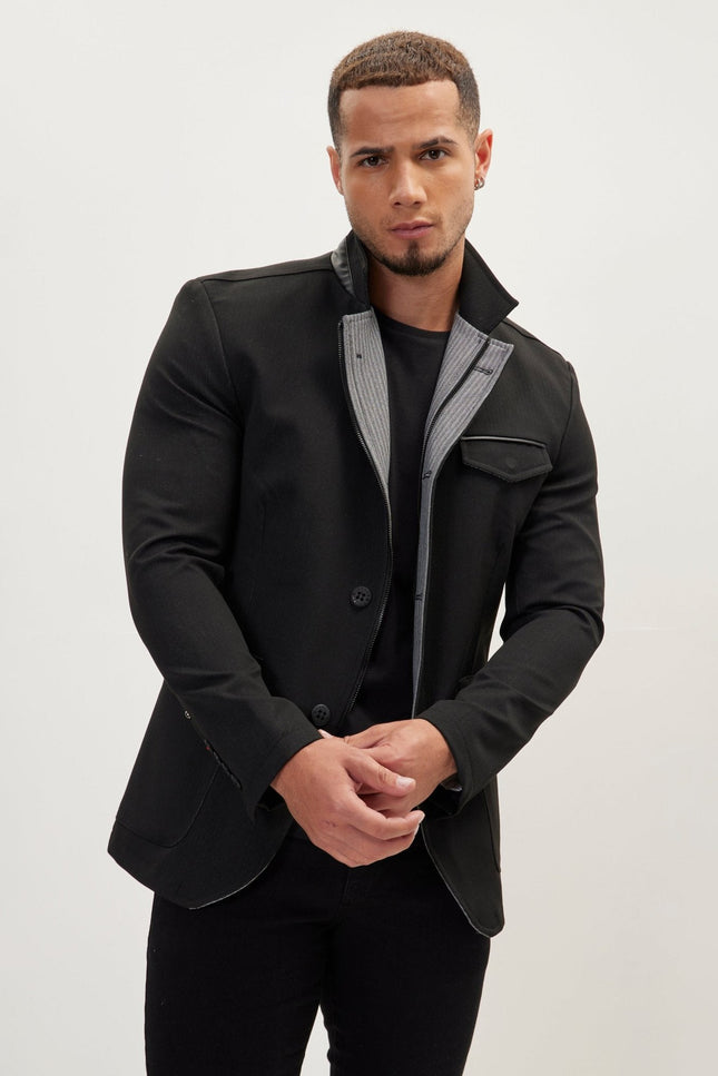 Mandarin Collar Denim Blazer - Black