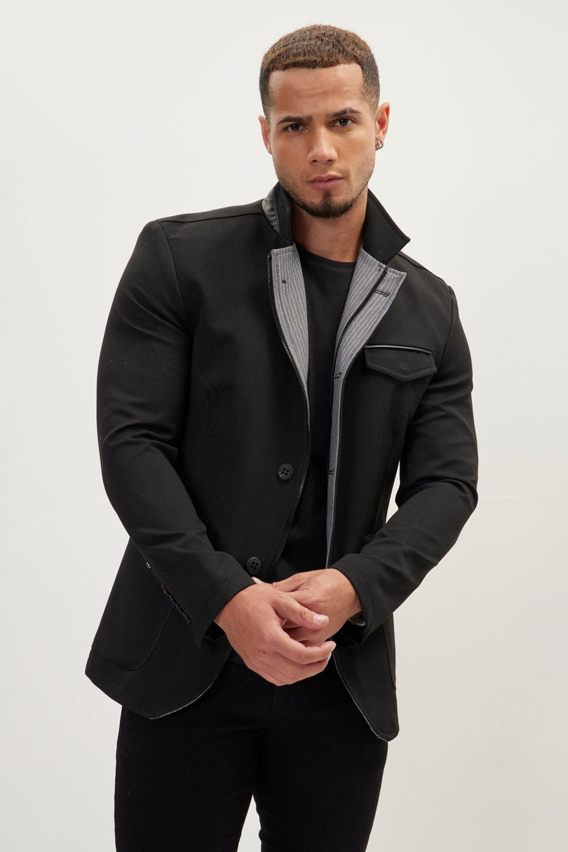 Men's Mandarin Collar Denim Blazer - Black | Ron Tomson