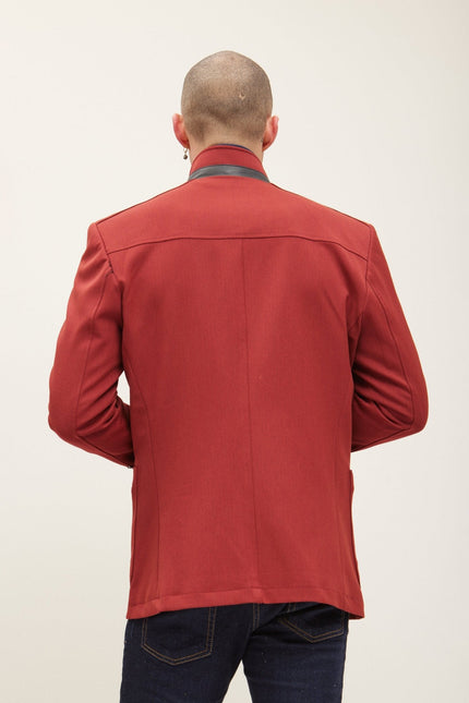 Men's Mandarin Collar Denim Blazer - Wine | Ron Tomson
