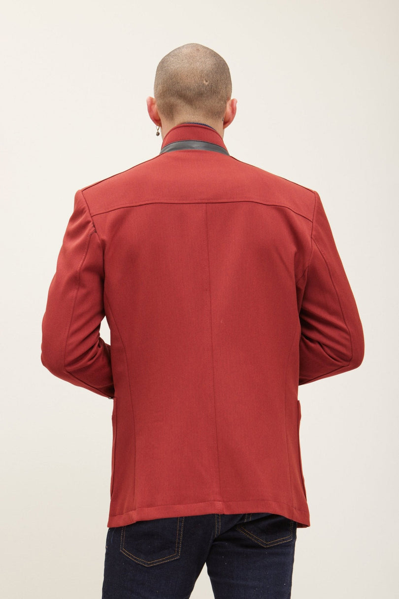 Men's Mandarin Collar Denim Blazer - Wine | Ron Tomson