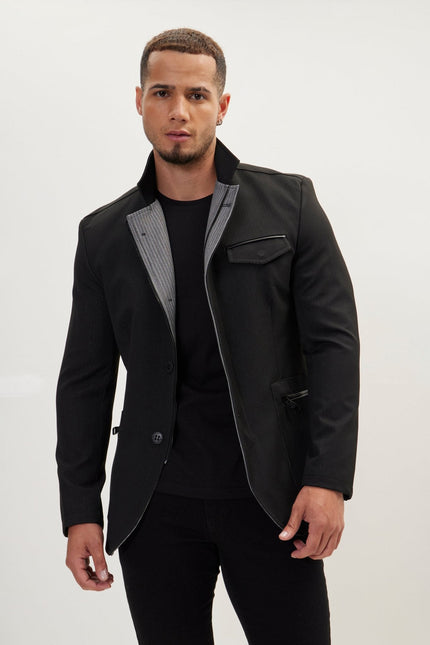 Men's Mandarin Collar Denim Blazer - Black | Ron Tomson