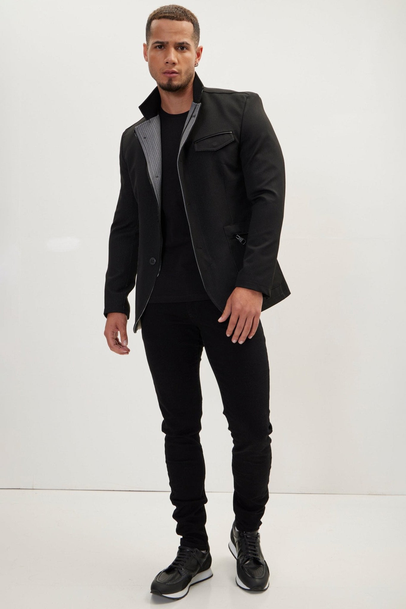 Men's Mandarin Collar Denim Blazer - Black | Ron Tomson