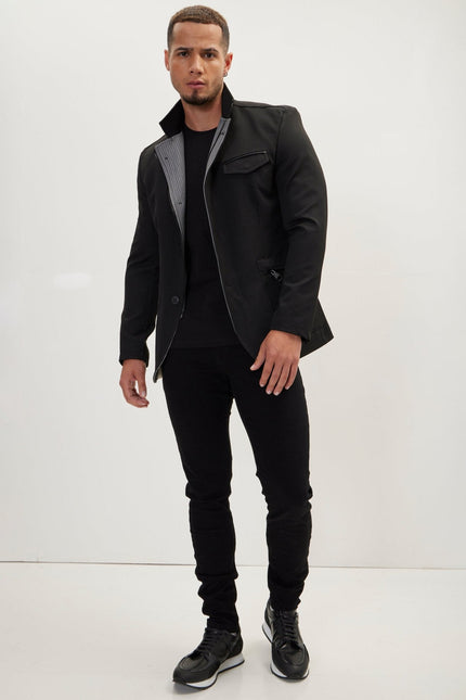 Men's Mandarin Collar Denim Blazer - Black | Ron Tomson