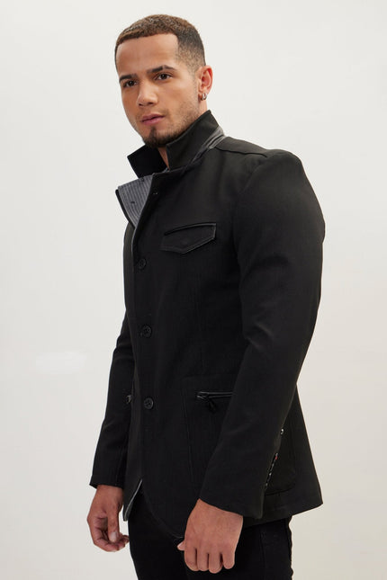 Men's Mandarin Collar Denim Blazer - Black | Ron Tomson