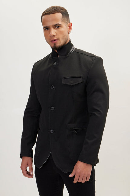 Men's Mandarin Collar Denim Blazer - Black | Ron Tomson