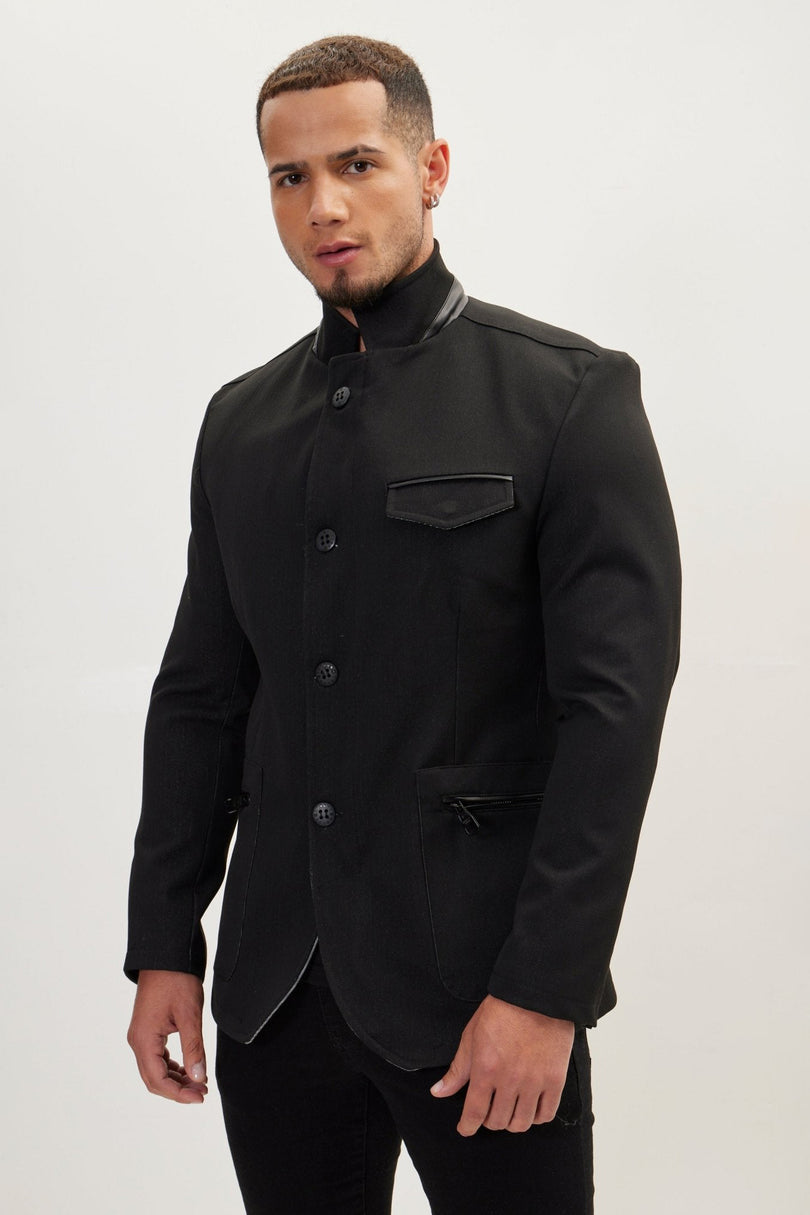 Men's Mandarin Collar Denim Blazer - Black | Ron Tomson