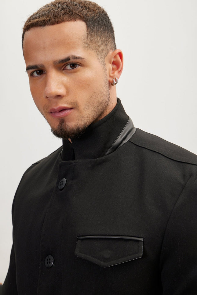 Mandarin Collar Denim Blazer - Black
