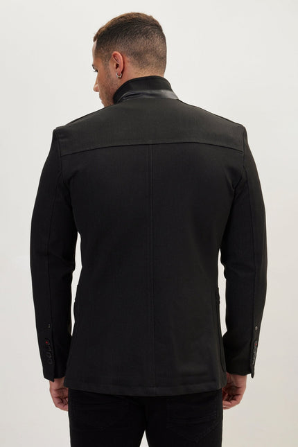Men's Mandarin Collar Denim Blazer - Black | Ron Tomson