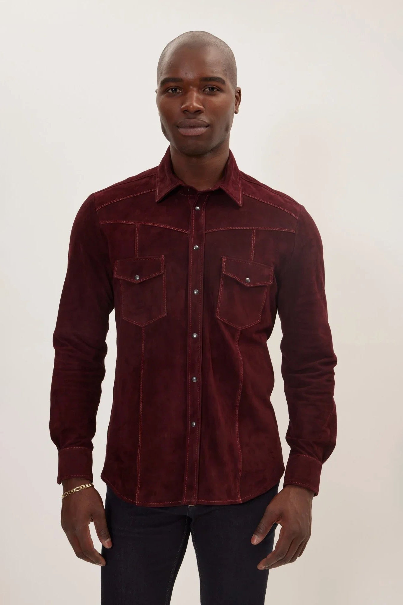 Men's Lambskin Suede Leather Shirt - Burgundy