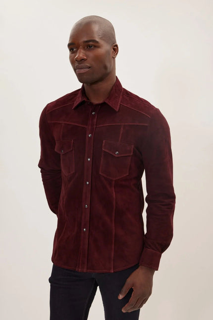 Men's Lambskin Suede Shirt - Burgundy | Ron Tomson