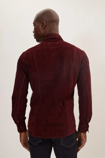 Men's Lambskin Suede Shirt - Burgundy | Ron Tomson