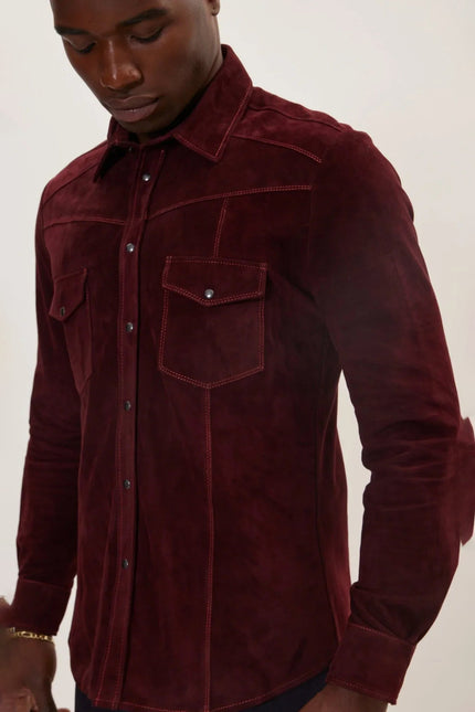 Men's Lambskin Suede Shirt - Burgundy | Ron Tomson