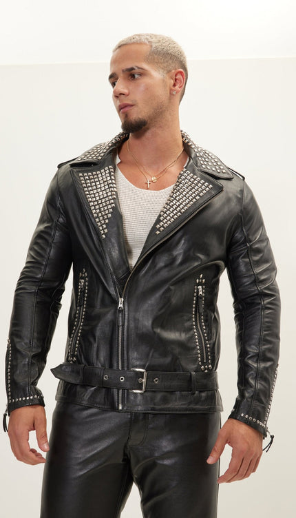 Studded Lambskin Leather Motorcycle Jacket - Black Silver