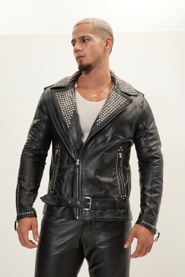Men's Studded Lambskin Leather Motorcycle Jacket - Black Silver | Ron Tomson
