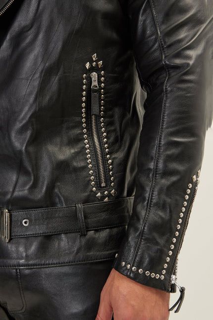 Men's Studded Lambskin Leather Motorcycle Jacket - Black Silver | Ron Tomson