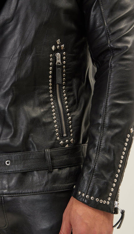 Studded Lambskin Leather Motorcycle Jacket - Black Silver