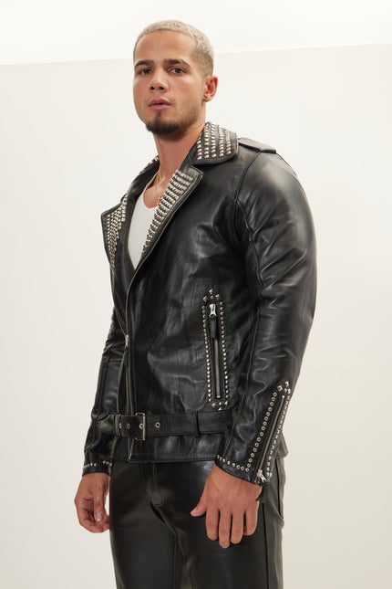 Men's Studded Lambskin Leather Motorcycle Jacket - Black Silver | Ron Tomson
