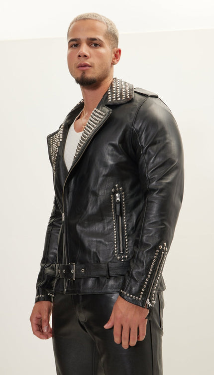 Studded Lambskin Leather Motorcycle Jacket - Black Silver