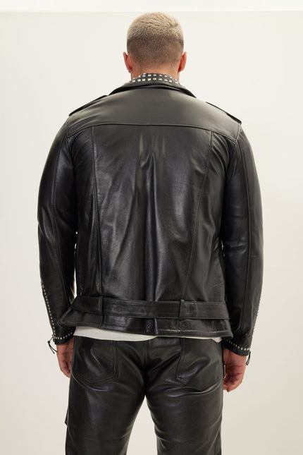 Men's Studded Lambskin Leather Motorcycle Jacket - Black Silver | Ron Tomson