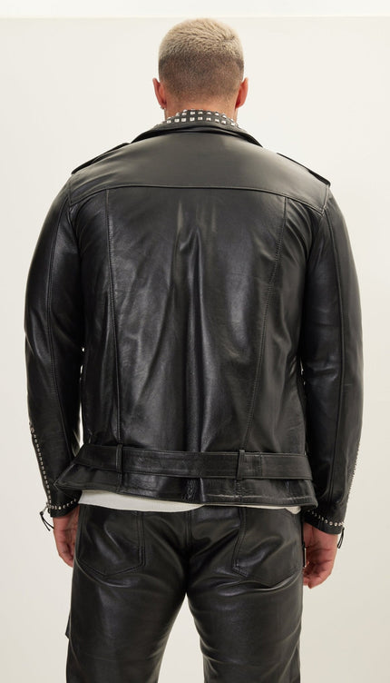 Studded Lambskin Leather Motorcycle Jacket - Black Silver