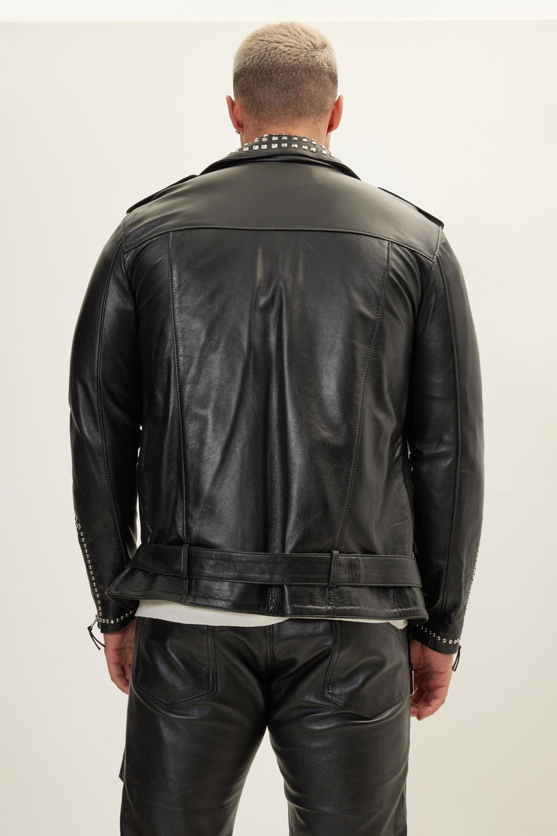 Men's Studded Lambskin Leather Motorcycle Jacket - Black Silver | Ron Tomson